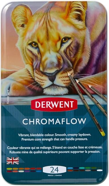 Derwent Chromaflow Pencils, Set of 24 in Tin, 3.5mm Round Core, Premium Core Strength, Blendable with Smooth Texture, Ideal for Drawing, Colouring & Layering, Professional Quality, 2305857