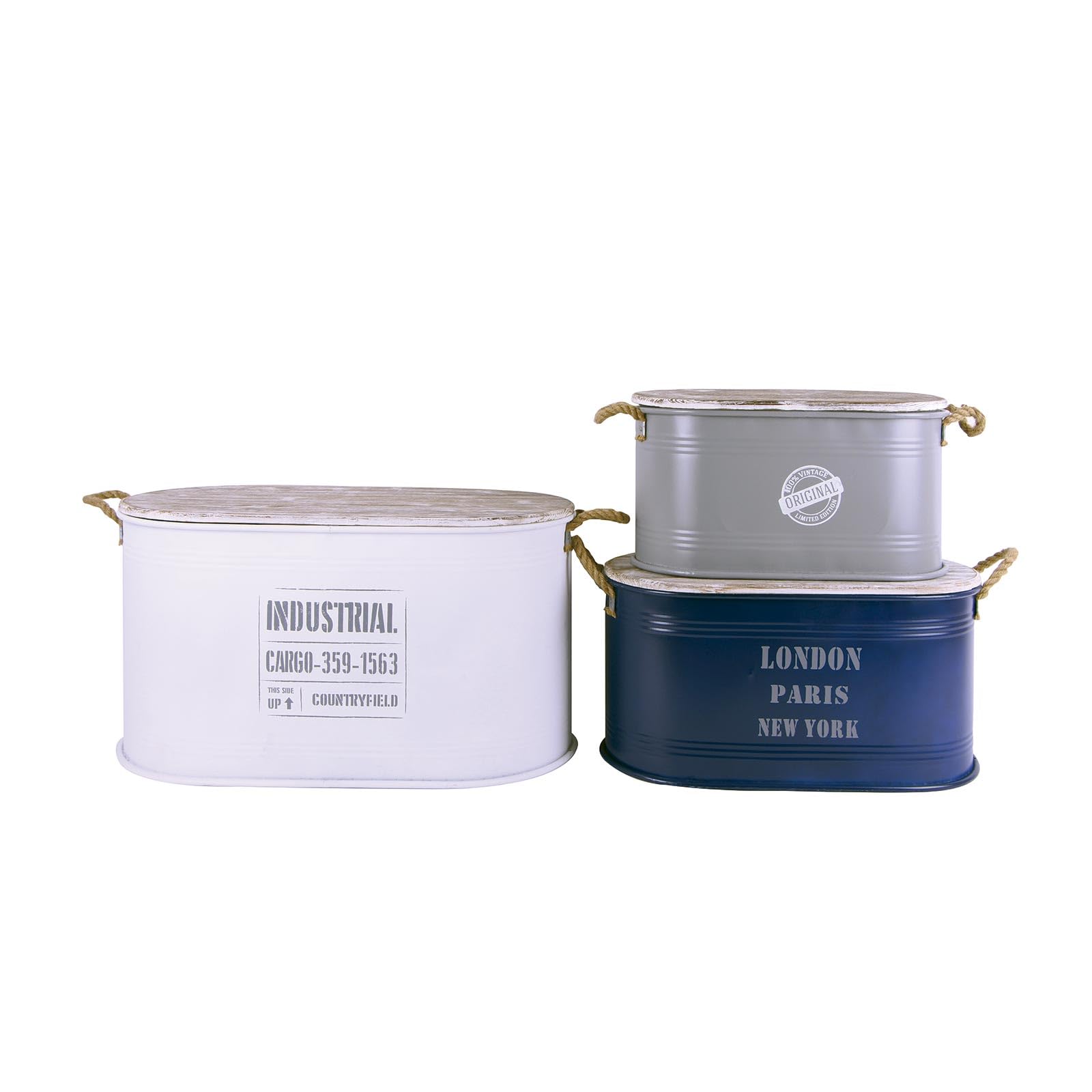 Set de 3 Cajas de Metal Pequeñas, Blanco/Gris/Azul Marino