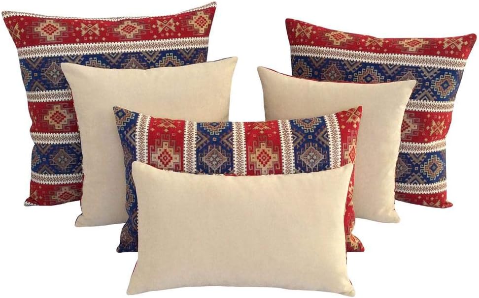 Boho Square Throw Pillow Covers Kilim Red and Blue - 18 x 18 Inches Decorative Sofa Pillows, Hippie Room Decor for Couch, Bohemian Outdoor Case for Farmhouse, Southwestern, Aztec