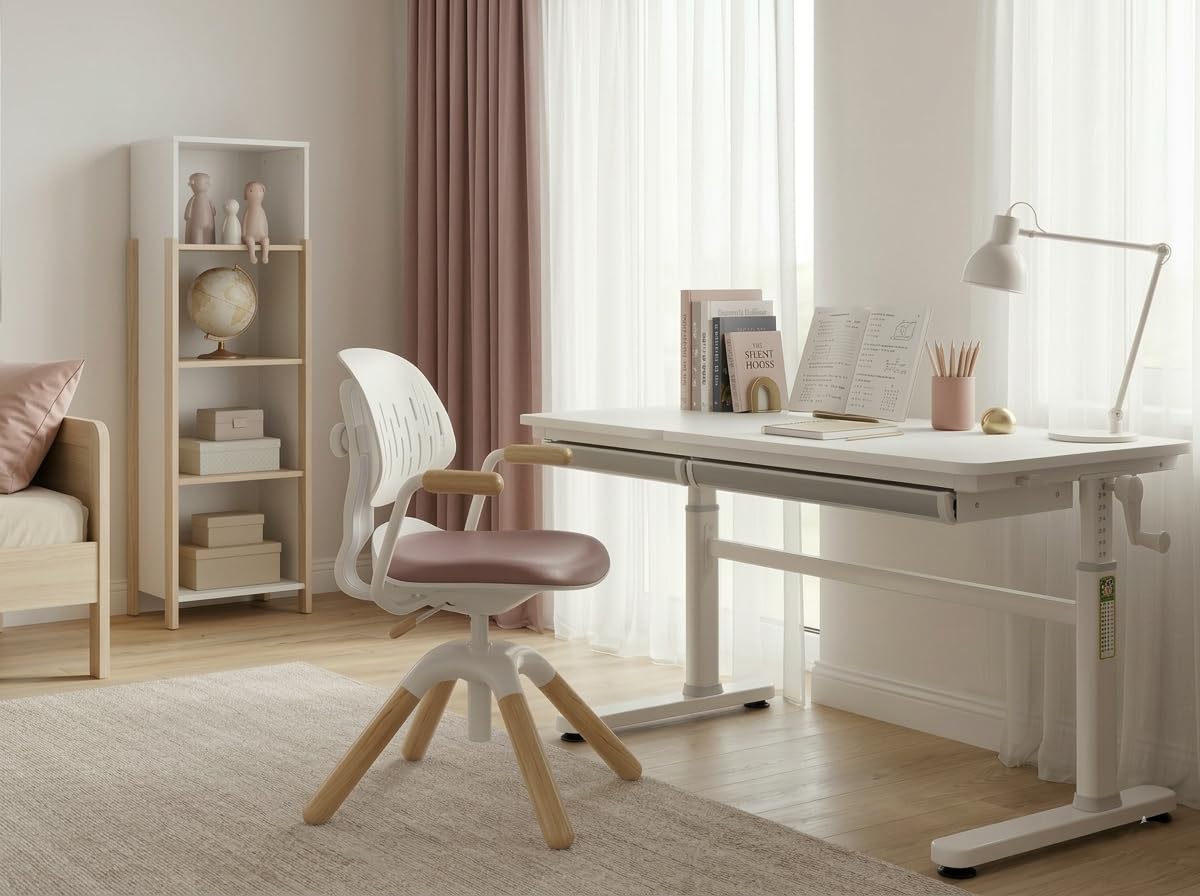 HOKO Kinderdrehstuhl höhenverstellbar, Jugendstuhl ohne Rollen, bis 120 kg | dynamisch mitbewegende Rückenlehne, Sitzhöhe von 40-50 cm, 360° drehbar, 30° neigbar, für Kinder ab ca. 125 cm, Rosa, LAURA