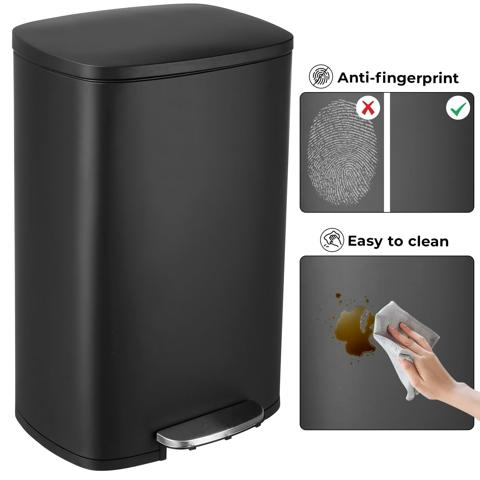 LIFERUN Poubelle Cuisine 50 Litres, Poubelle à Pédale en Acier Métal avec Couvercle, Seaux Intérieurs Amovible Fermeture en Douceur, pour Salle de Bain, Salon, Bureau, Noir