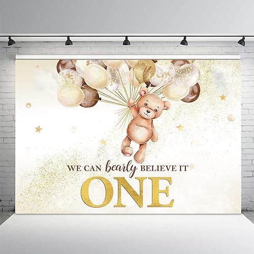 MEHOFOND Telón de fondo de oso para el primer cumpleaños con texto en inglés "We Can Bearly Believe It One Happy First Birthday", decoración de