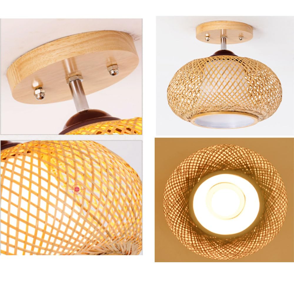 XANAYXWJ Bambusowa tkana, częściowo podtynkowa sufitowa Ręcznie robiony okrągły bęben abażur Wiklinowy kinkiet w stylu vintage Żyrandole LED do wystroju domu Jadalnia, sypialnia (nazwa rozmiaru 35