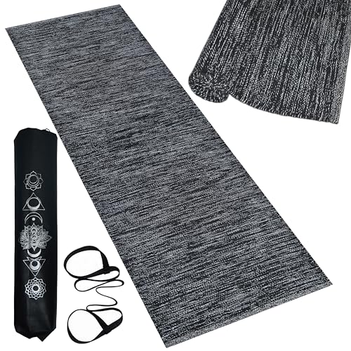 Image of Pure Cotton Yoga Mat for Women and Men, Size- 60x180 cm (2x6 feet), Handloom Woven with 6 mm Thick, Strong Anti-Slip Backing, Eco-Friendly (Black)