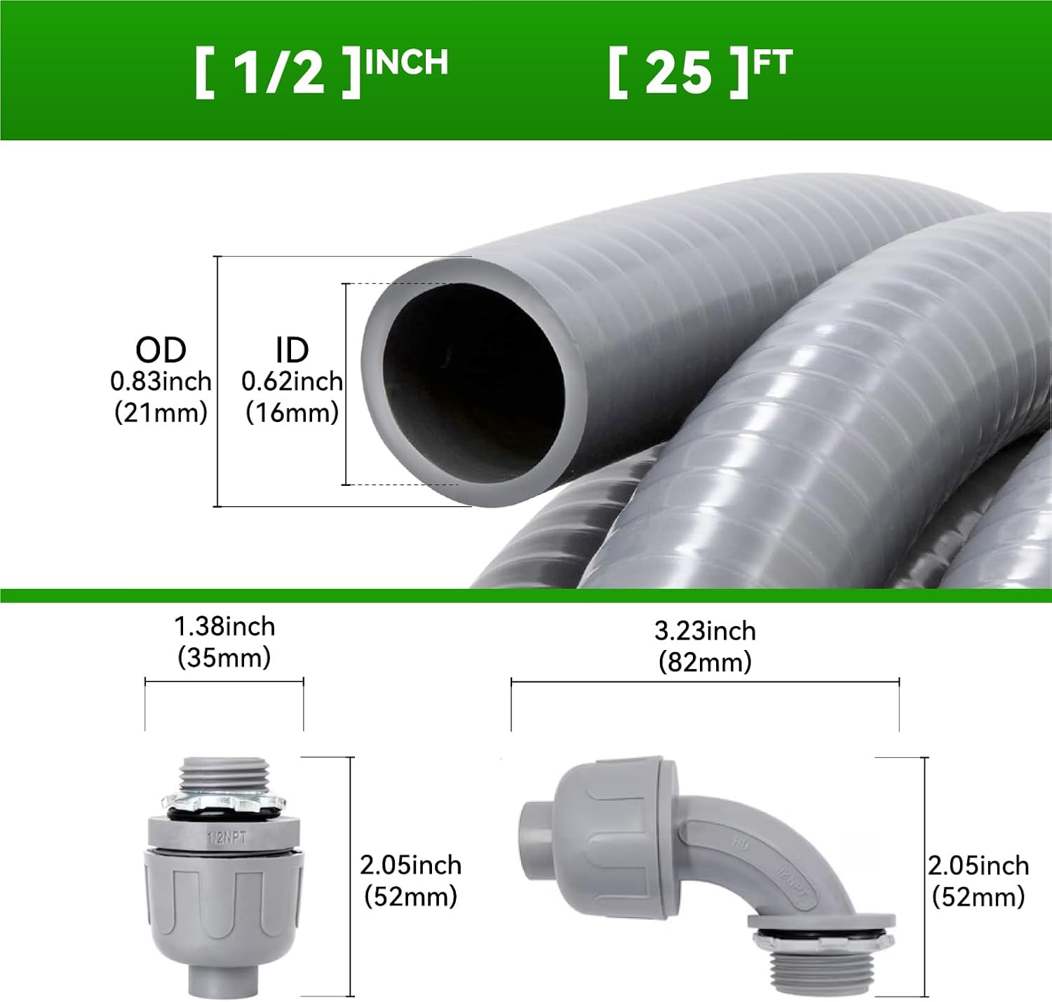 25 Ft Liquid-Tight Conduit and Connector Kit - 1/2 inch Flexible Non Metallic Liquid Tight Electrical Conduit and 4 Straight and 3 Angle Fittings Included. 1/2" Dia