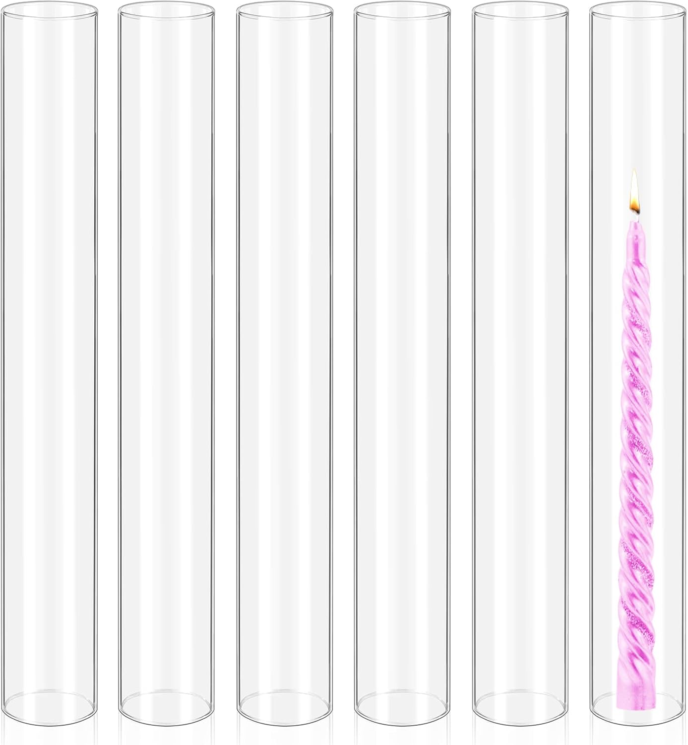 6 Pcs Hurricane Candle Holder Sleeve, H:16" D:2" Bottomless Glass Cylinder Candleholder Tall Clear Glass Cylinder Open Both Ends, Chimney Tube Cover, Open Ended Candle Shade 2"x16"H 6