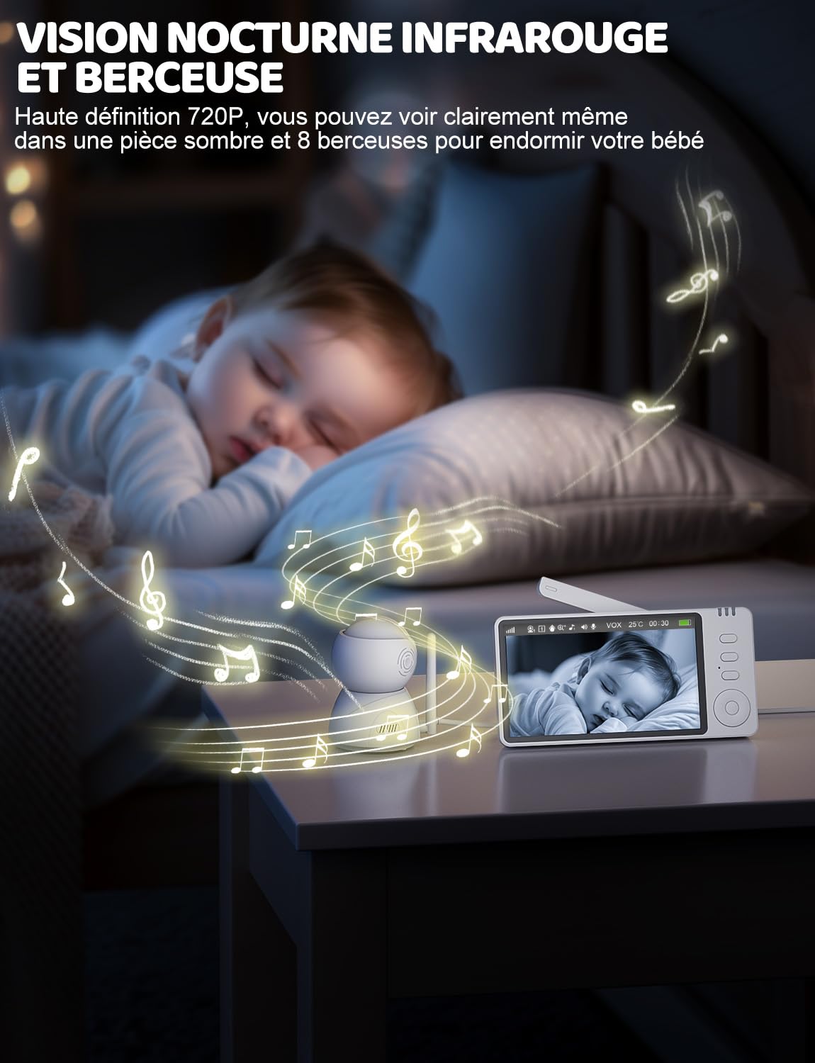 OBVHNUA 5 Pouces Babyphone Camera 720P HD Caméra Bebe Babyphone Video sans Fil Moniteur Bébé avec 2X-4X Zoom Pan-Tilt Vision Nocturne VOX Interphone 8 Berceuses 5 Réveil Température Temps