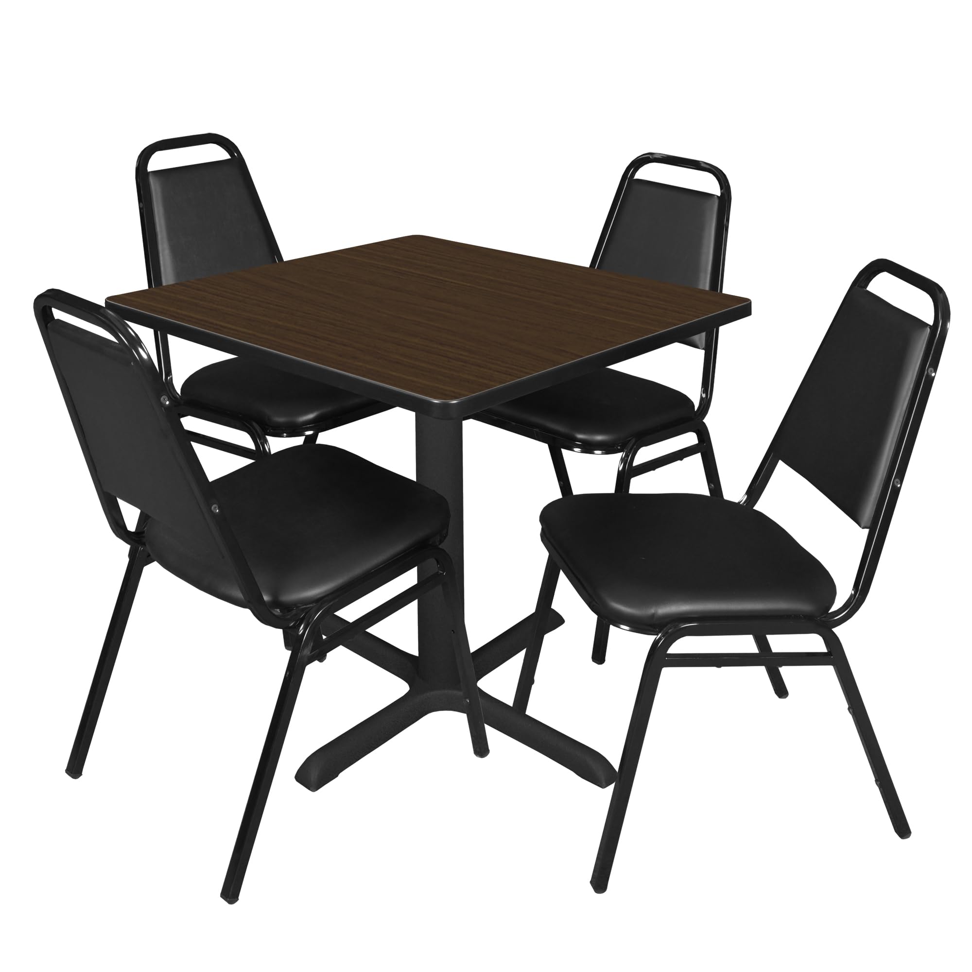 Romig Pillar 30 in. Square Breakroom Table- Neo Walnut &amp; 4 Restaurant Stack Chairs- Black