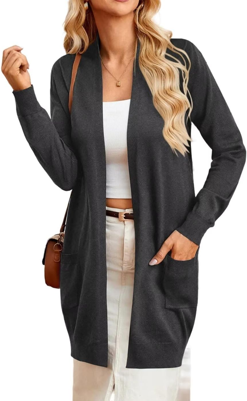 GRACE KARIN Women's Long Cardigan Sweater Open Front Classic Knitted Lightweight Sweater with Pockets