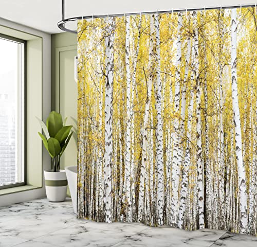 ABAKUHAUS Forest Shower Curtain, Autumn Birch Forest Golden Yellow Leaves Woodland October Seasonal Nature Picture - Image 4