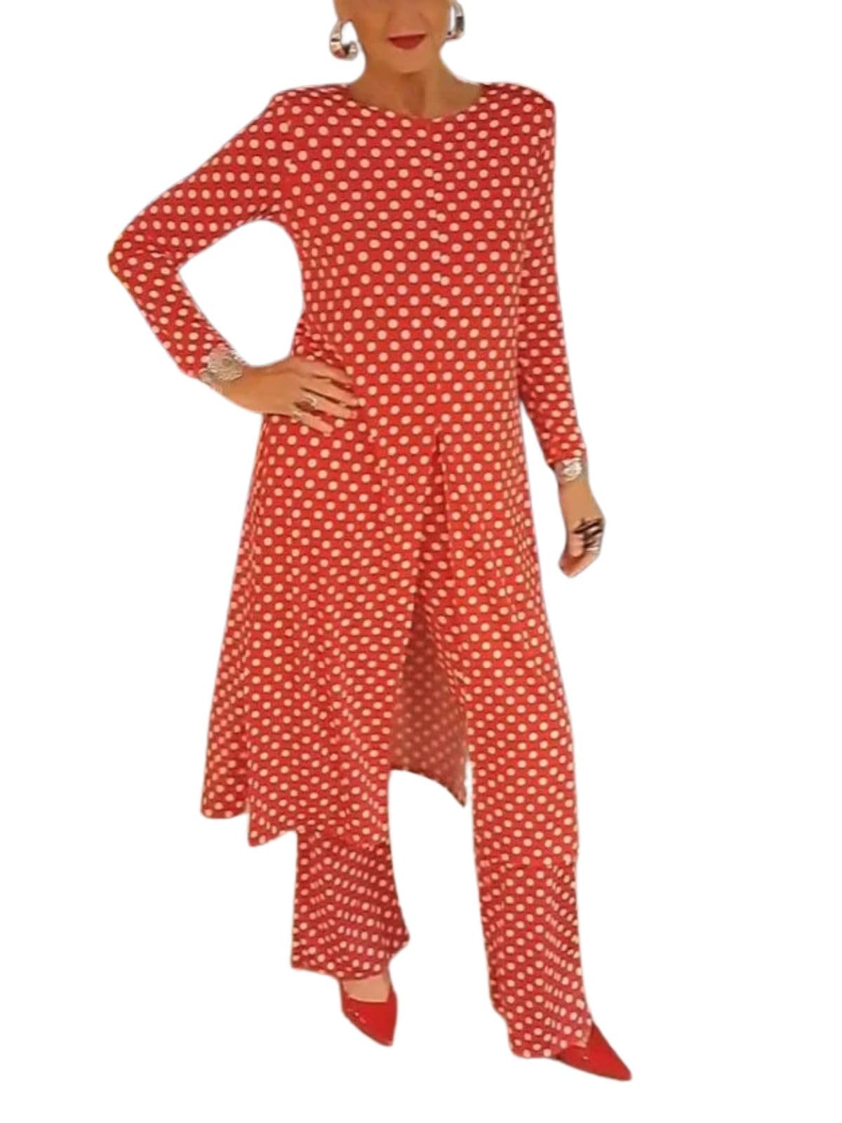 Womens Polka Dot Pant Suit 2 Piece Outfits Fall Long Tunic Tops and Wide Leg Pants Sets Matching
