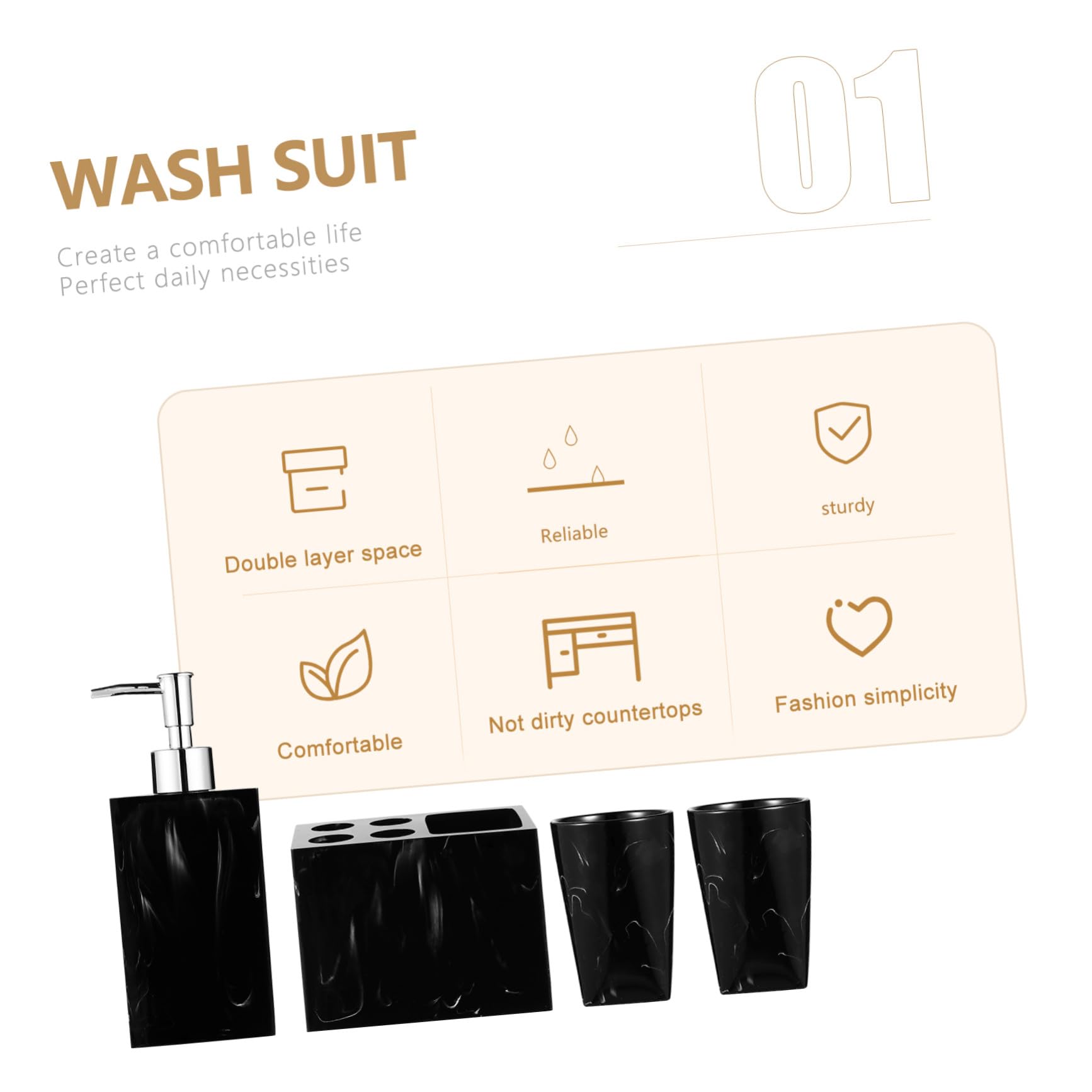 Set de Accesorios de Baño Negro de Resina Jaspeada Botellas de Mano, Soporte para Cepillos de Dientes y Jabonera, Fácil de Limpiar y Cómodo para Uso Diario