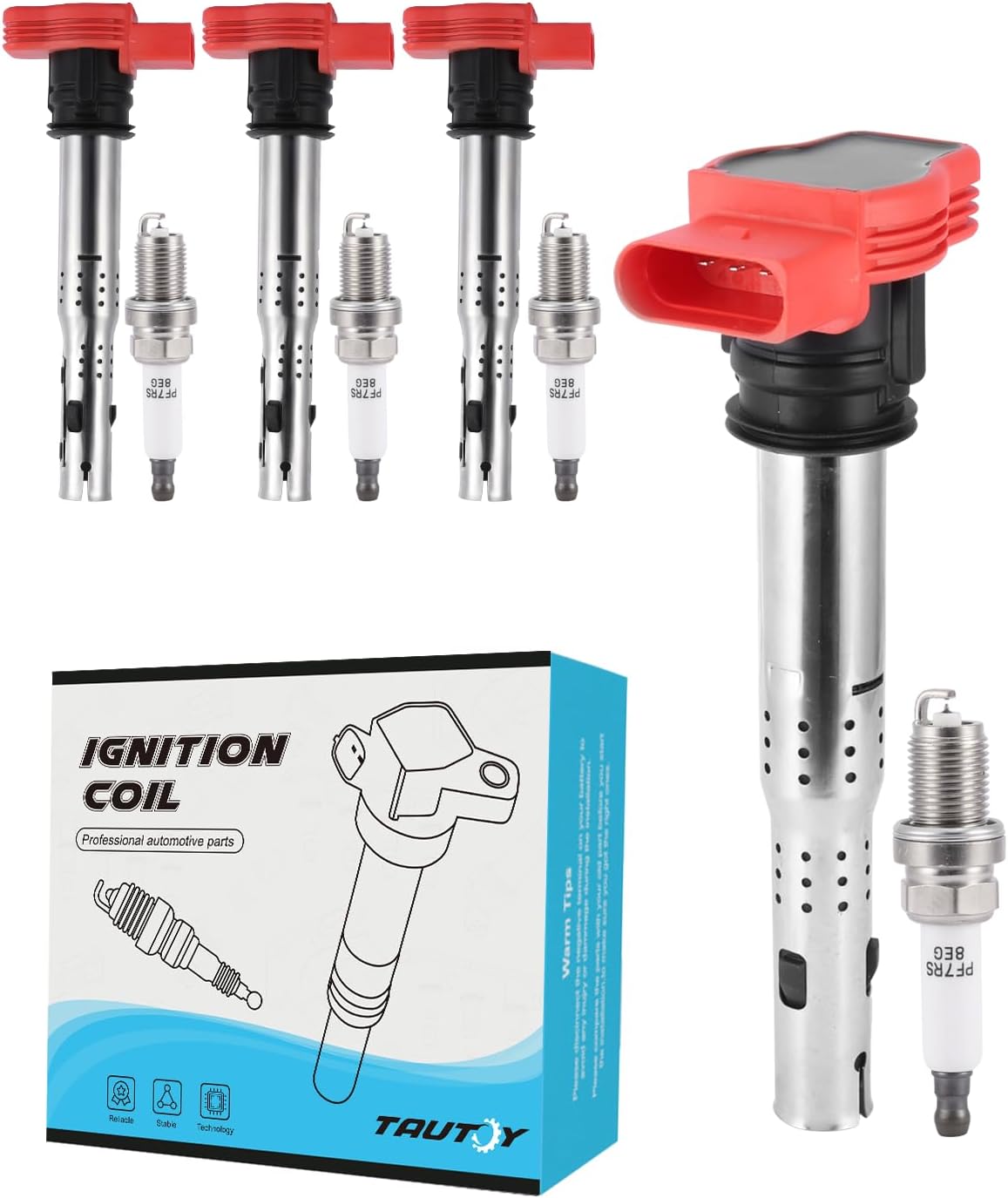 UF529 Ignition Coil Pack Iridium Spark Plug 4 PCS (1.8L 2.0L 2.5L 3.0L 3.2L) 2005-2016 For Audi A3 A4 allroad Quattro A5 Q5 TT RS,For VW Beetle CC Eos Golf GTI Jetta Passat Tiguan,06E905115