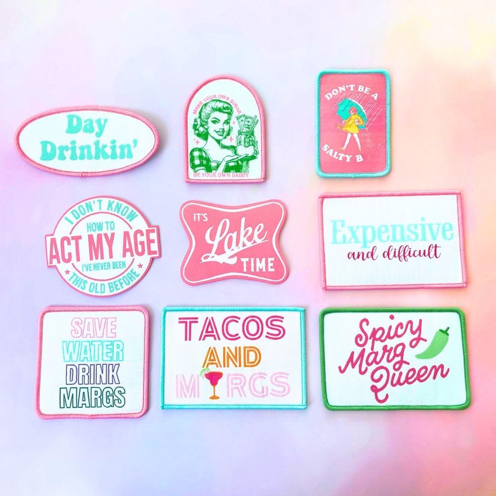 9PC Funny Embroidered Trucker Hat Patches Iron on | Fun Bar Vintage Heat Press Hats Patch for Women Lake Tacos Drink Margs Day Drinking Don’t Be Salty Expensive Difficult Bulk DIY Accessories