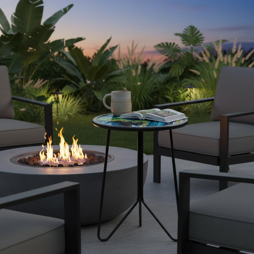 LIFFY Patio Side Tables,12" Indoor Outdoor Metal Side Table with Glass Tabletop,Round Decorative Plant Stand & Accent Table for Garden, Yard, Balcony, Backyard, Porch