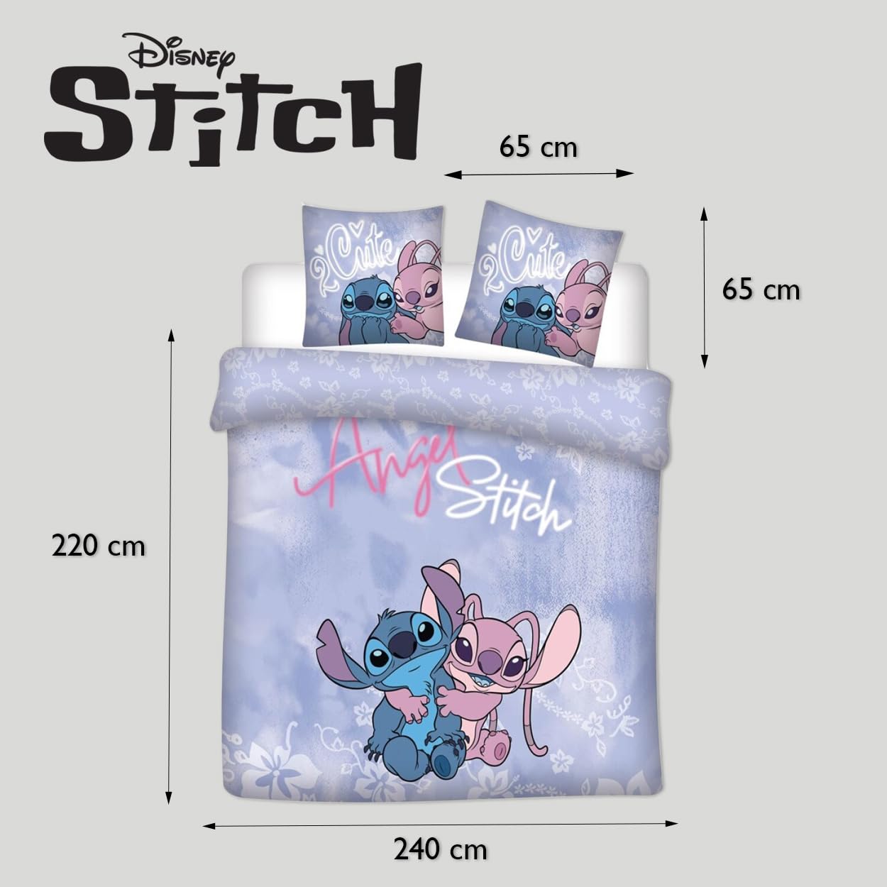 Stitch y Angel Funda Nórdica Cama 150 240x220 + 2 Fundas Almohada 65x65 | Ropa de cama 2 personas reversible | Polialgodón secado rápido | Disney Lilo & Stitch | Regalo pareja | Lavable a máquina