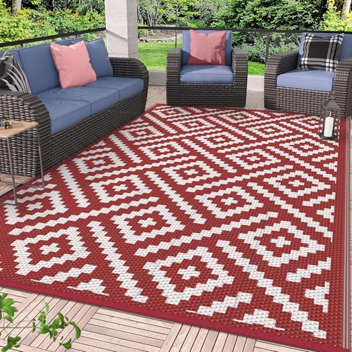 Image of GENIMO Outdoor Rug, Waterproof Plastic Rugs for Patio, 6'x9' Red White | Outside Larger Modern Carpet Mat for Porch Decor, Deck, Balcony, Camping, RV, Backyard, Picnic, Beach, Reversible, Foldable