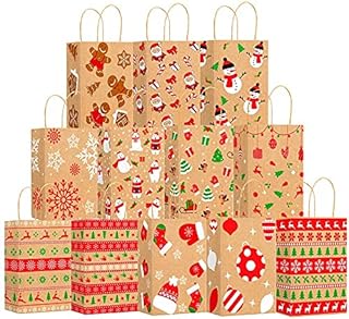 VEYLIN Xmas Kraft Gift Bags, 12 Christmas Paper Present Treat Candy Bags with Handle for Party Supplies (9.1 x 3.5 x 5.9 Inches)