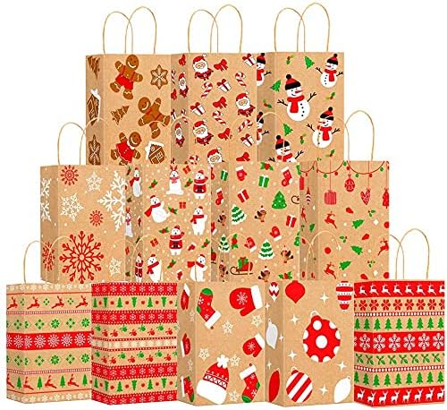 VEYLIN Xmas Kraft Gift Bags, 12 Christmas Paper Present Treat Candy Bags with Handle for Party Supplies (9.1 x 3.5 x 5.9 Inches)