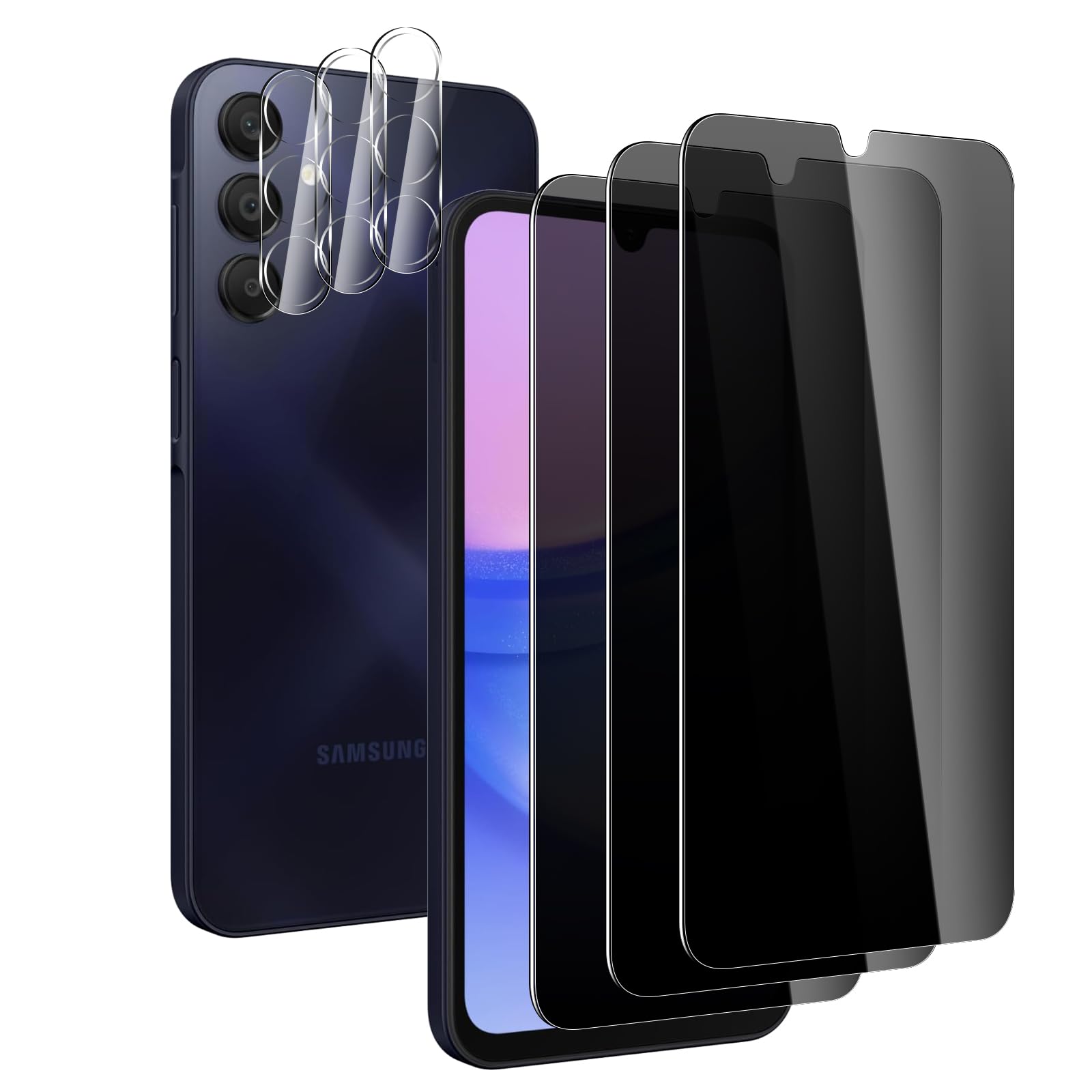 Paquete de 3 + 3 protectores de pantalla de privacidad para Galaxy A15 + protector de lente de cámara, película protectora antiespía, película de vidrio templado resistente a los arañazos, protección