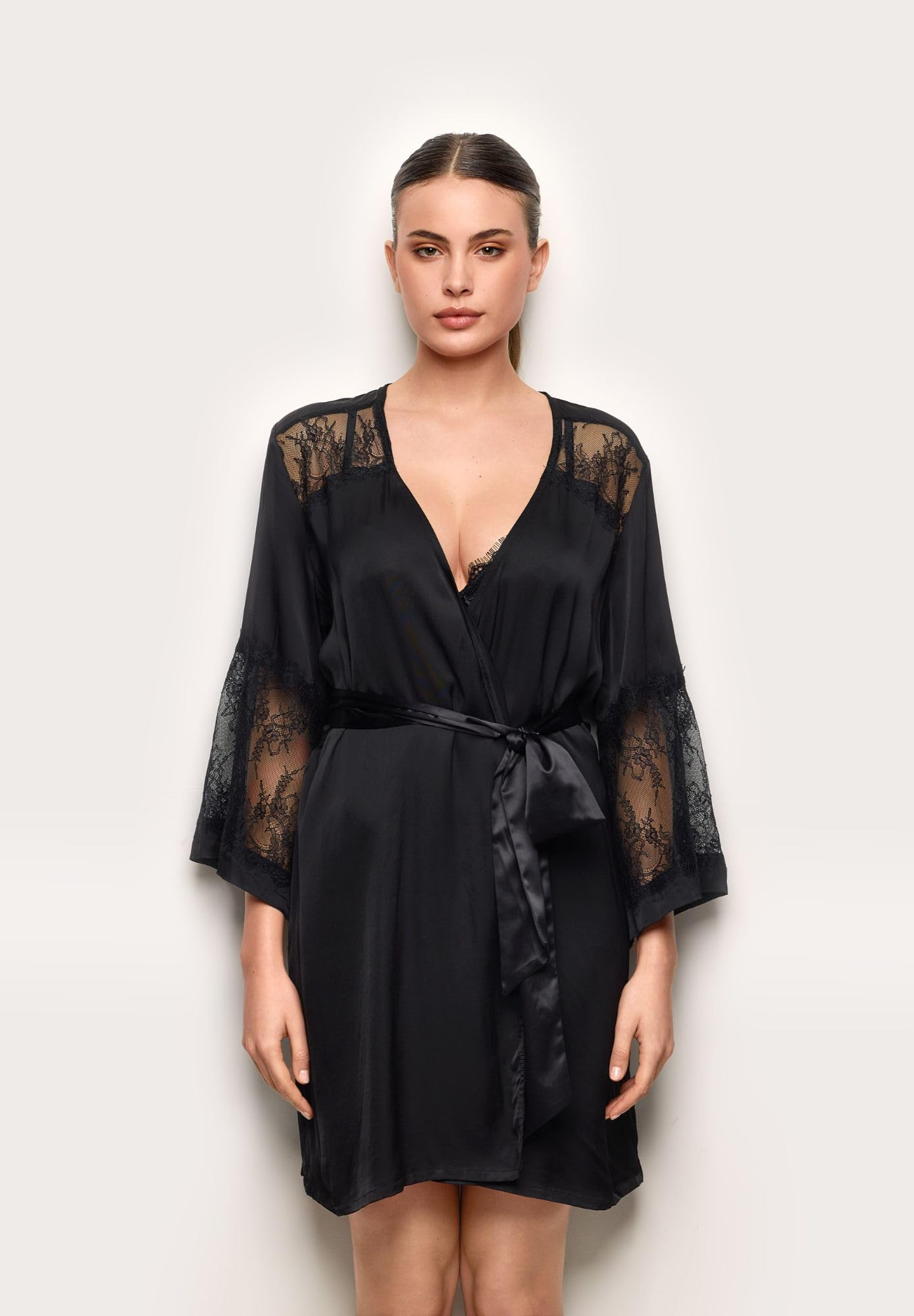 YAMAMAY, Kimono in Raso e Pizzo, Desire, Nero, Donna