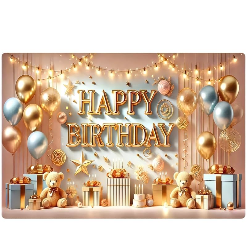 Elegant Birthday Backdrop – Gold and Balloon Decor with Teddy Bear, Gifts & Candles for Party Photoshoots (Pack of 1)