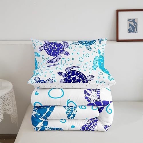 Miniatura 7 de Erosebridal Juego de edredón de plumas de tortuga marina tamaño matrimonial, juego de edredón bohemio de tortuga para niños, vida oceánica, azul