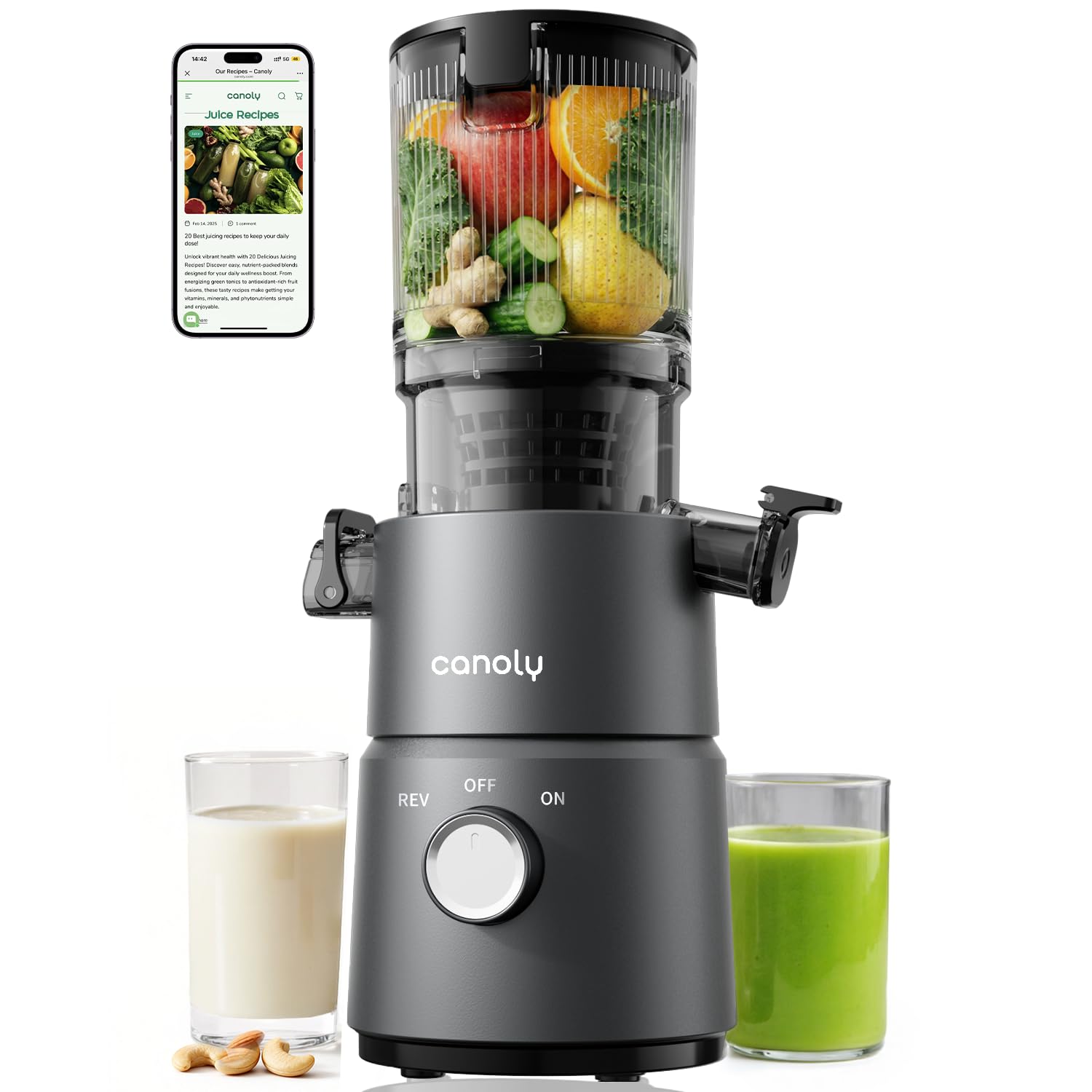 Canoly C03 Cold Press Juicer, 4.5" Wide Feed Chute, 200W AC Motor Deep Gray