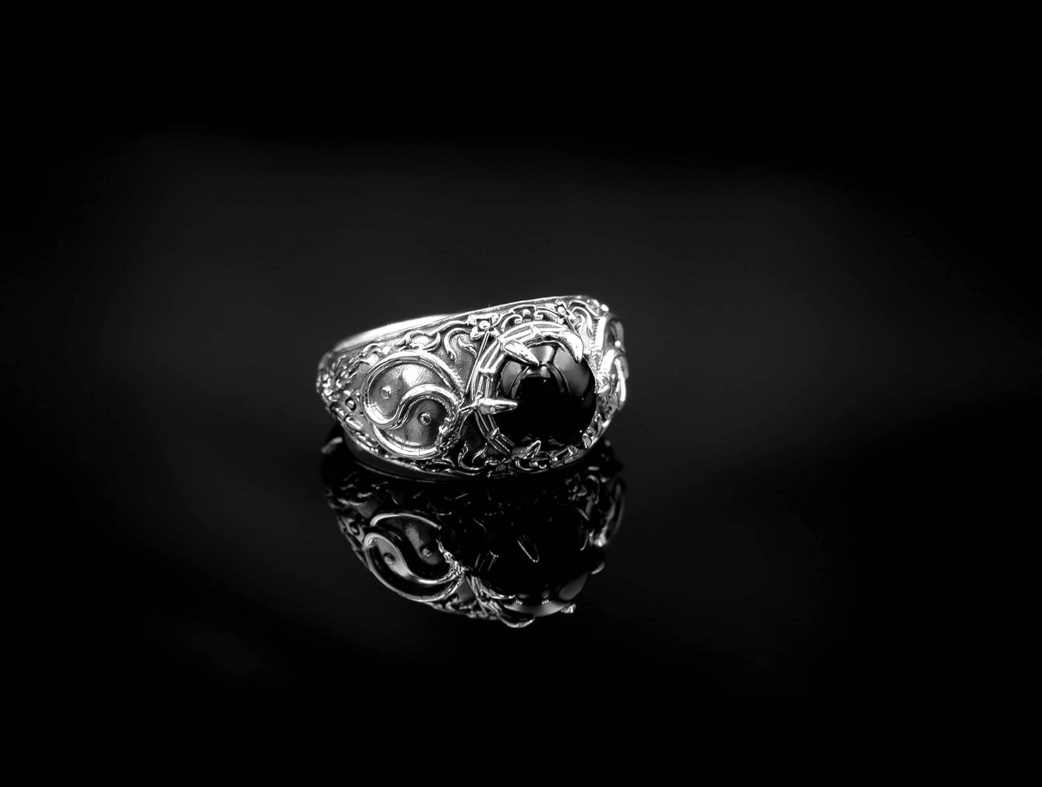 925 Sterling Silver Onyx Yin Yang Dragon Ring Biker Animal Jewelry Size 6-15