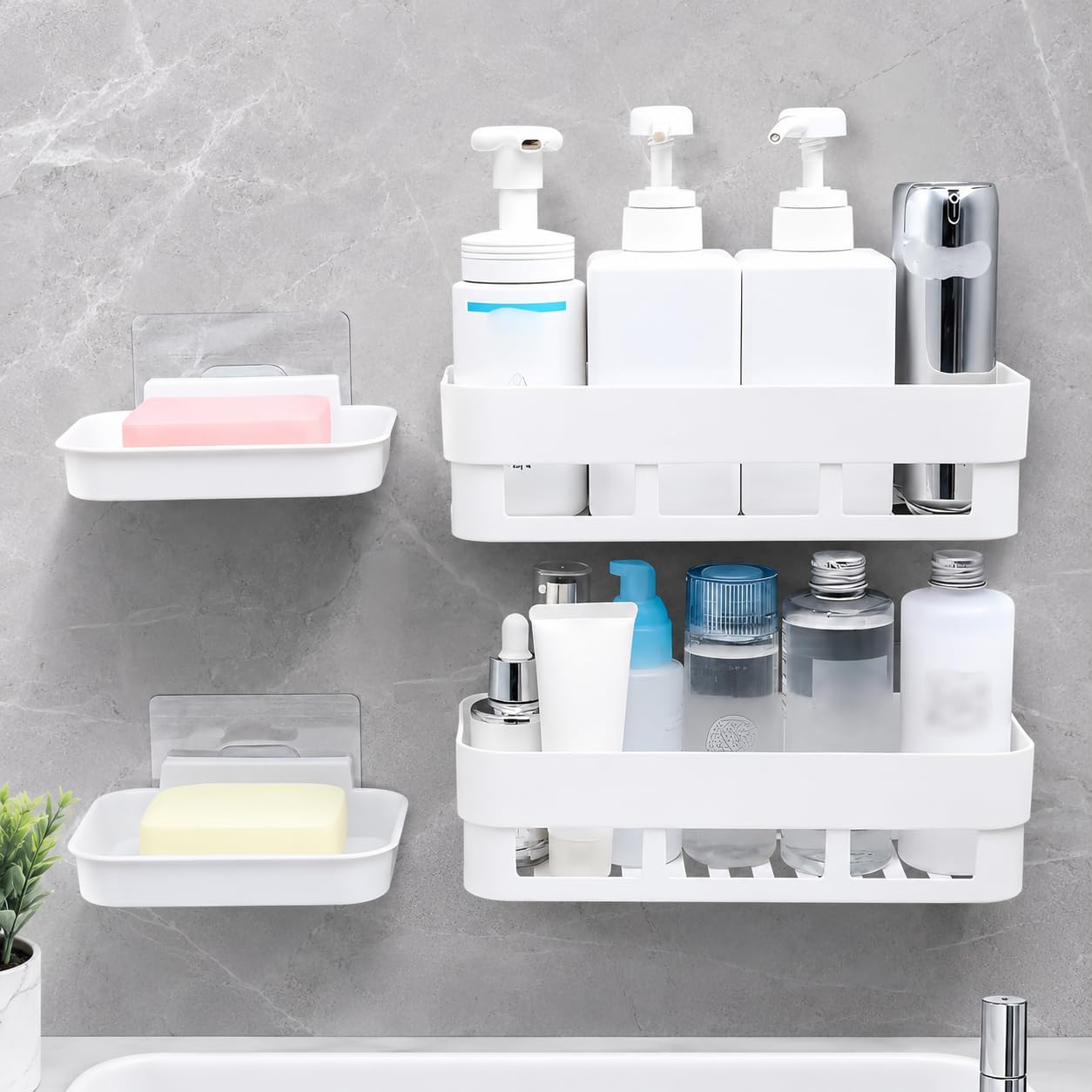 OBIXO Bathroom Shelf Without Drilling, Self-Adhesive Wall Mount, Waterproof and Rustproof, White, Premium Plastic-image-18