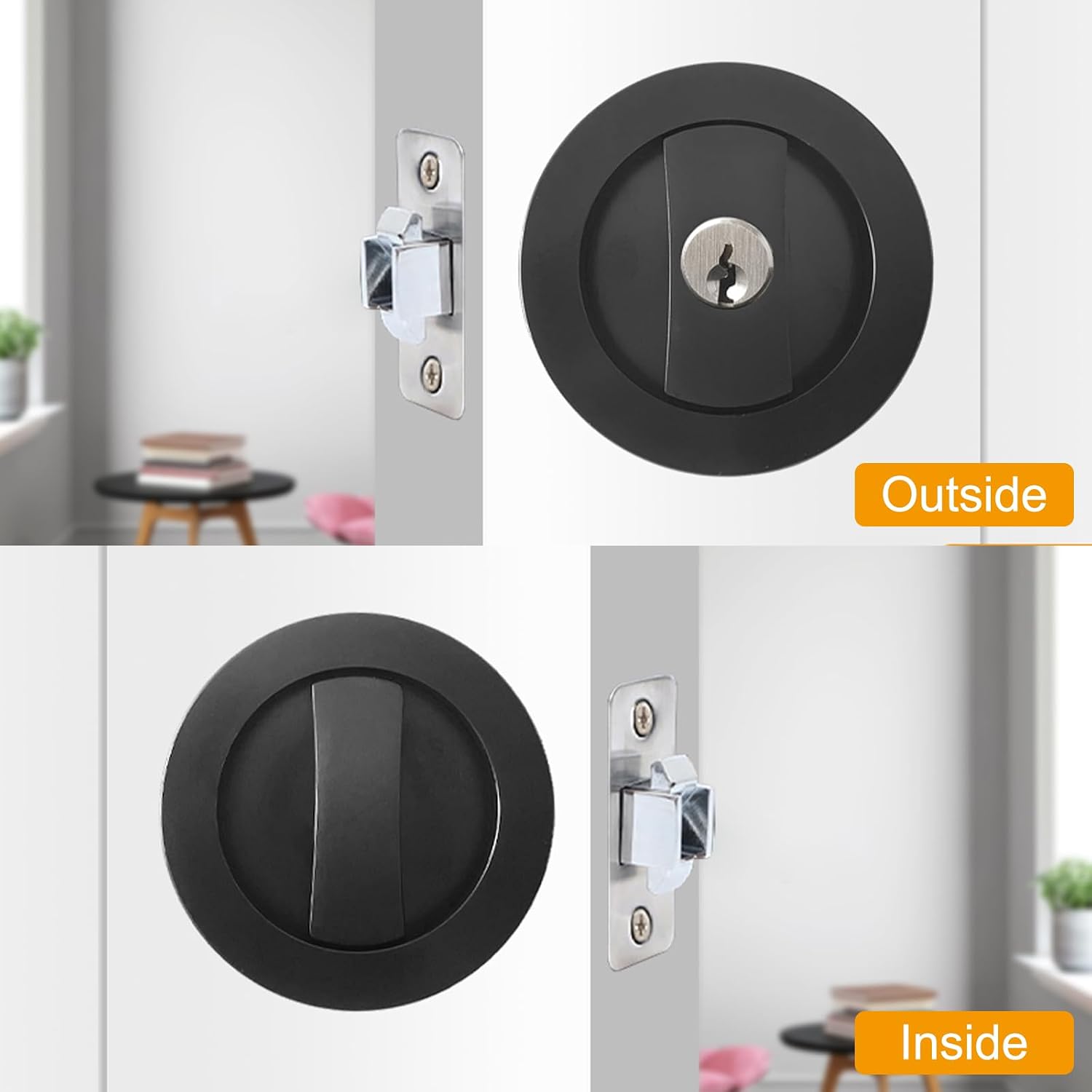 LWZH Matte Black Privacy Round Pocket Door Lock with Keys,Invisible Recessed Handle Latch,Pocket Door Hardware Lock for 1 3/8” to 2 31/32” Thickness Door