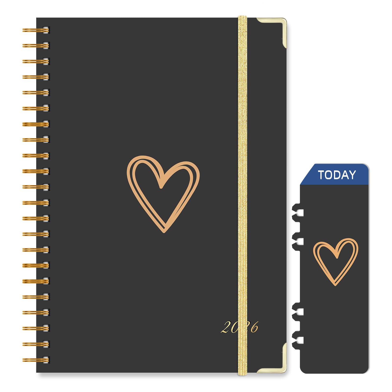 Knagsfa 2026 Planner, Jan.2026 - Dec.2026 Weekly Monthly Planner 6.25"x8.5" with Page Tabs, Calendar Hardcover with Inner Pocket, Elastic Band, Twin-Wire Binding, Bookmark, Black Love Heart