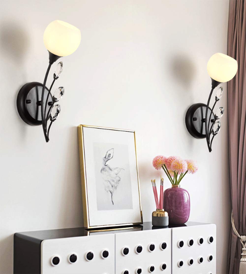 Wandleuchte Nordic Postmodern Wandlampe Eisen Wandlicht Schwarz lampe schlafzimmer Wandleuchten Weiß Glaslampenschirm Wandbeleuchtung Kristall 1 flamme G9*1 Wohnzimmer