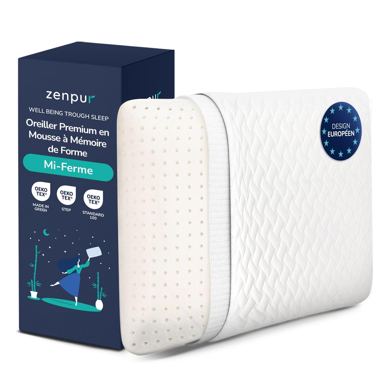 ZenPur Oreiller Cervical Mémoire de Forme 40x60 - Coussin Ergonomique Anti-​Douleurs Cervicales - Mi-​Ferme, Housse Bambou Premium, Certifié Oeko-​TEX