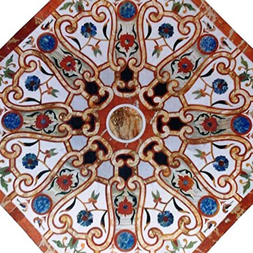 36" X 36" Full Inlay Coffee Table Top White Marble Octagon Modern Floral Inlay Pattern Pietra Dura Home Decor Gift Center Table, Patio Table, Side Table #TOP2