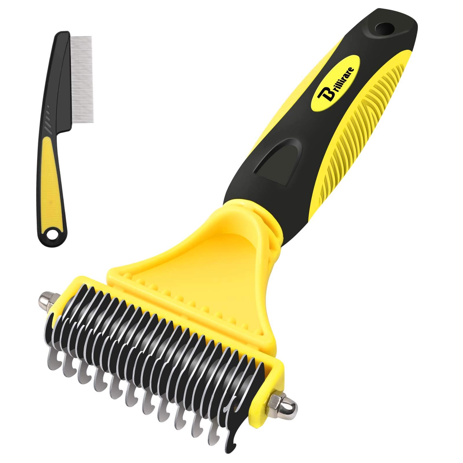 BRILLIARE Dematting Tool+Free Stainless-Steel Comb, Pet Grooming Tool, 2 Sided Undercoat Blade Rake for Cat&Dog, Deshedding Brush for Easy Mats&Tangles Removing, No More Nasty Shedding and Flying Hair