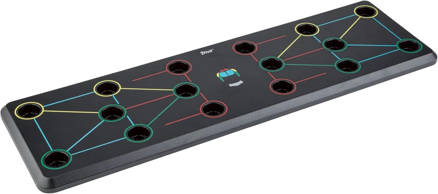 മുകളിൽ view of the Crivit Push Up Board showing color-coded lines and circles
