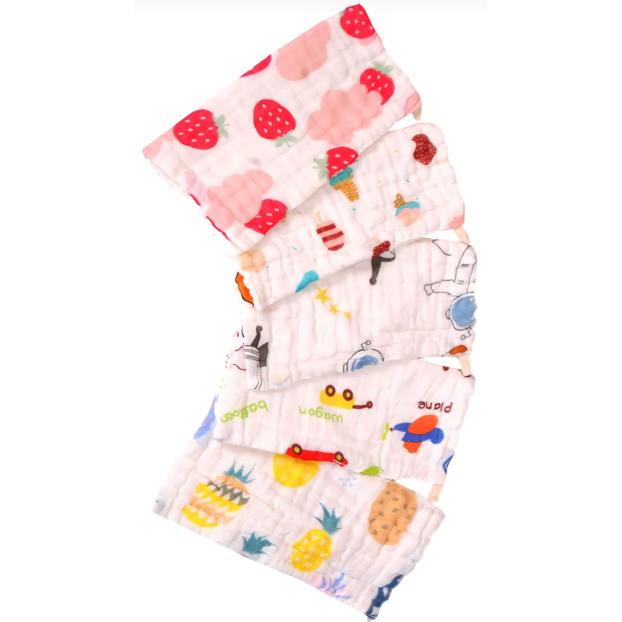 HONOR YOUR HOME Muslin 6 Layer Cotton Face Towels for Newborn Baby – Pack of 5 Extra Soft White Printed Hankies | 500 TC Reusable Napkins for Infants, Toddlers & Kids-image-13