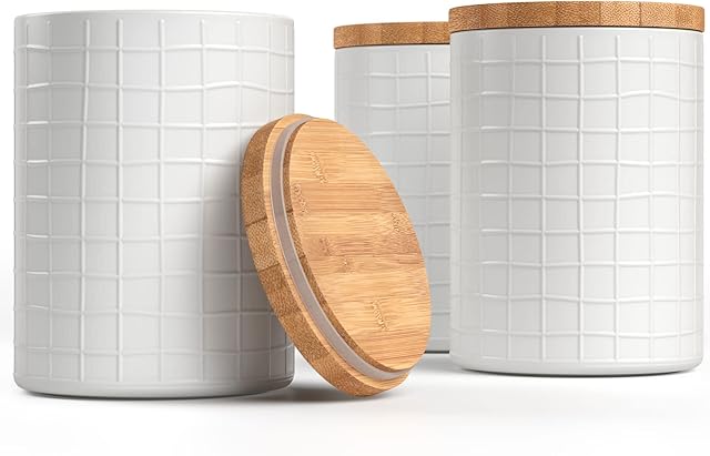 Barnyard Designs Kitchen Canisters with Bamboo Lids, Airtight Metal Canister Set, Coffee, Sugar, Tea, Flour Storage Containers, White, 13.5 x 17cm, Set of 3