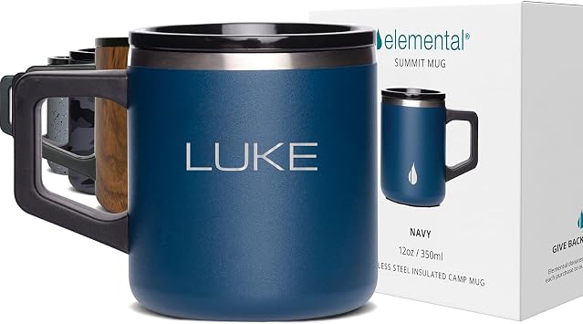 Elemental Personalized Summit Insulated Coffee Mug with Lid & Handle, Lightweight Camp Mug, Triple Wall Stainless Steel Vacuum Insulated Mug, Hot and Cold Thermal Coffee Tumbler, 12oz - Navy Blue