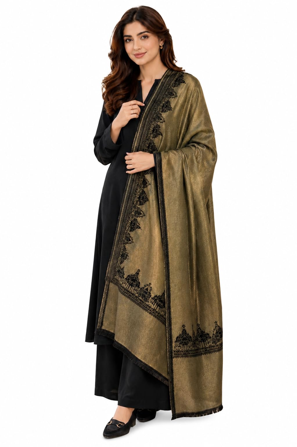 merinomere Women's Premium Wool Zari Reversible Golden Black Shawl | Ram Darbar Inspired Temple Border | Luxury Heritage Jacquard Wrap | Soft Warm | 100 × 200 cm-picture-40