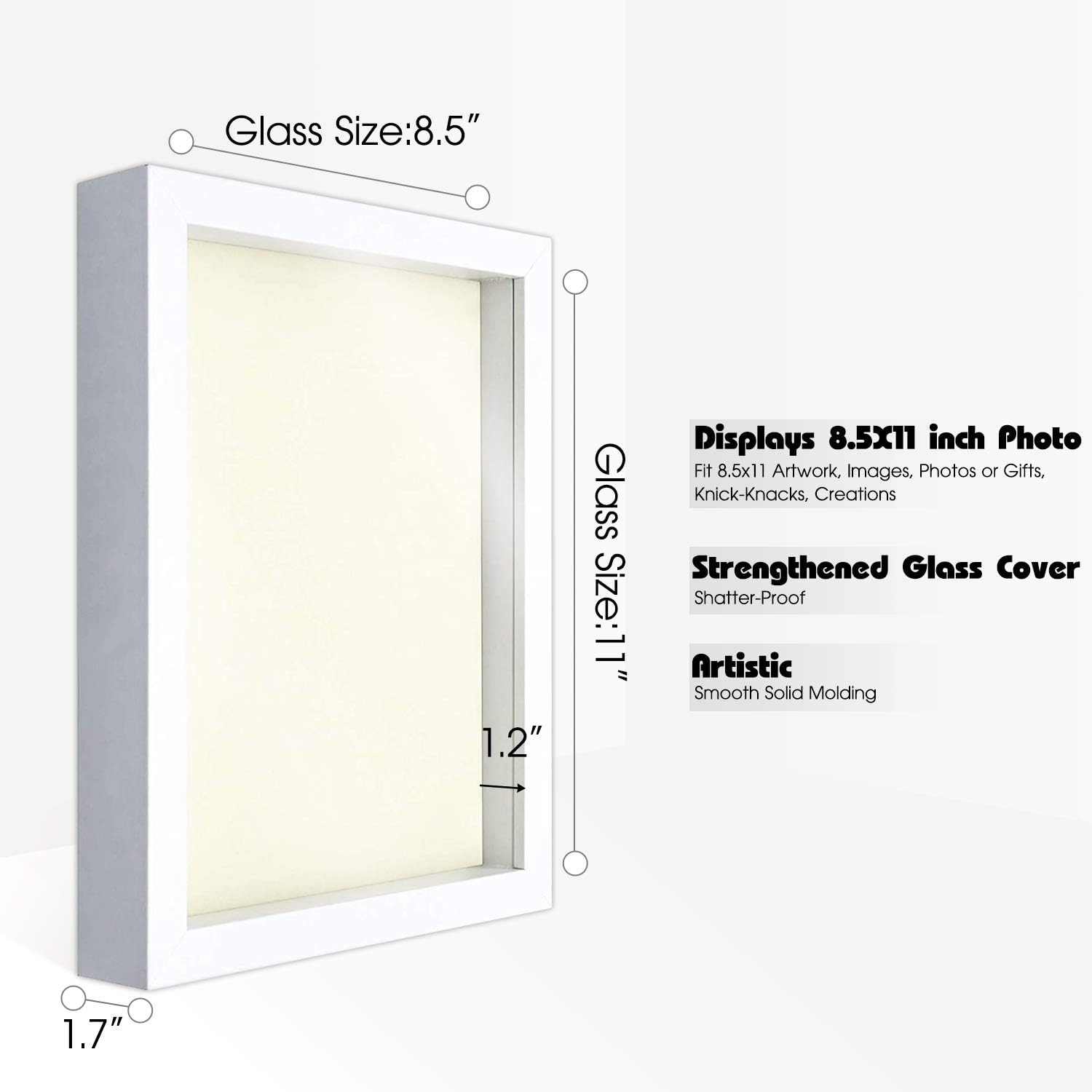 Golden State Art, Shadowbox Frame with Sawtooth Hanger for Wall Display, Adjustable Inner Molding - Great for Weddings, Pictures, Mementos (White, 8.5x11 Frame)