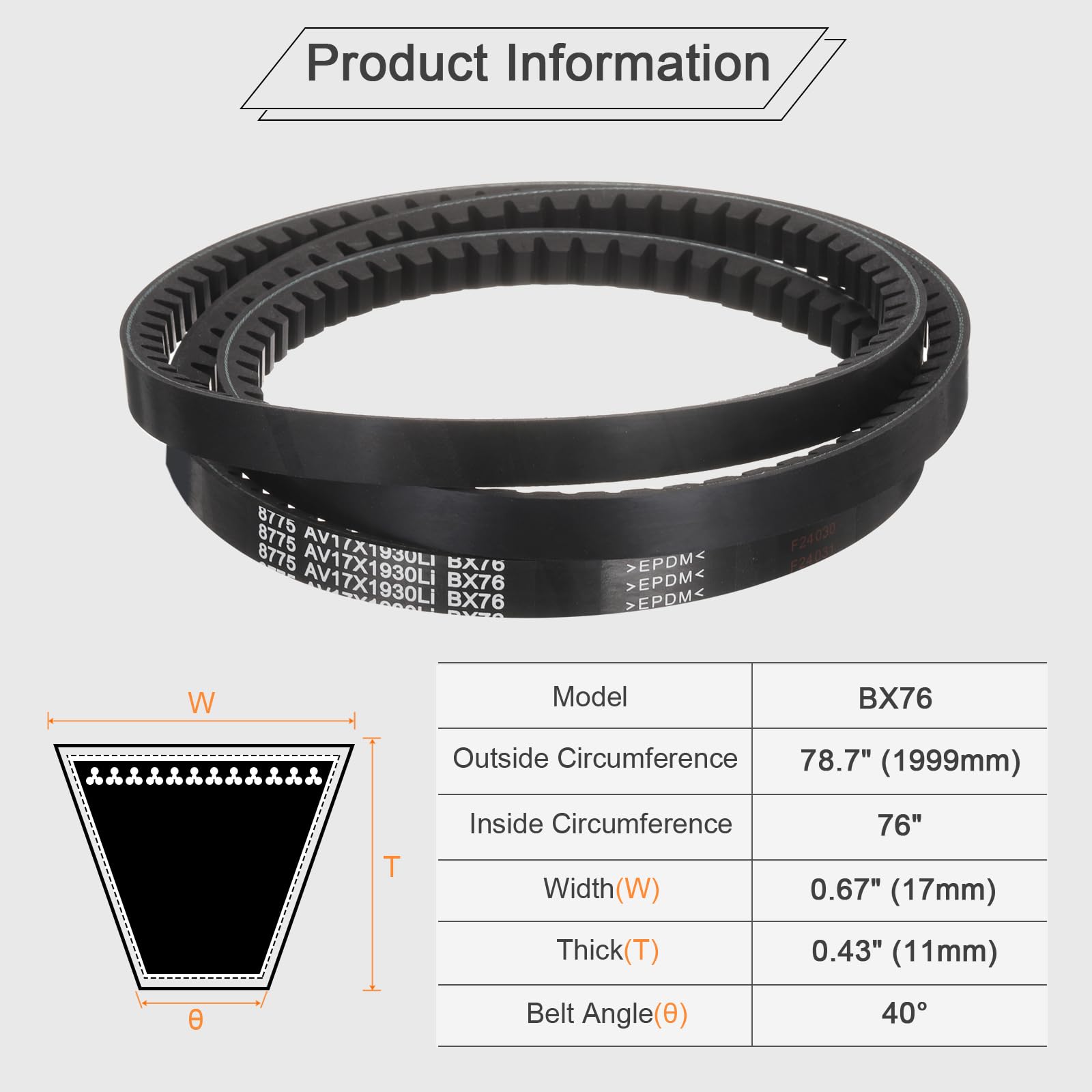 uxcell BX76 EPDM V-Belt, Raw Edge Cogged Industrial Rubber V Belt 0.67" Width x 76" Inside Circumference — Amazon image 2