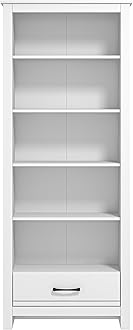Galano Limestone Bookcase – 5 Tier Large Bookcase with 1 Drawer – Wooden Storage with Shelves – Display Storage Unit for Office, Living Room Furniture (White)