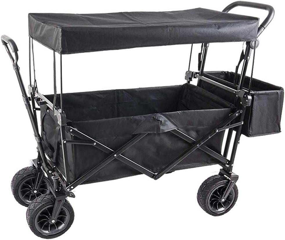 Outdoor Folding Utility Wagon All-Terrain Wheels Garden Wagon, Shopping Cart Trolley with Brake, Heavy Folding Cart with Roof, Load-Bearing 85kg/187lbs