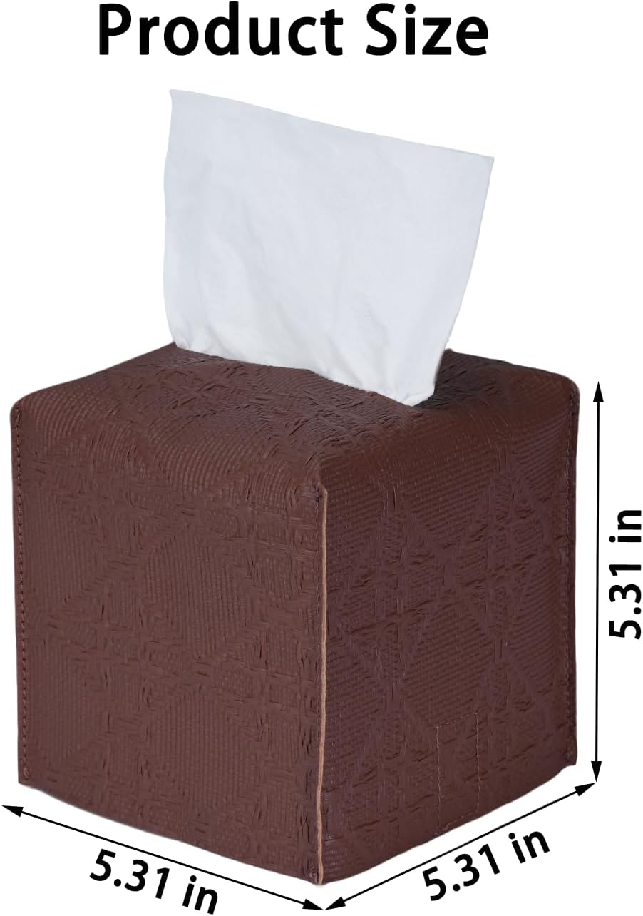 Tissue Box Cover 2-Pack, Square Tissue Holder with Bottom Belt, Modern Tissue Case Facial Paper Organizer Dispenser for Bathroom, Office, Home, Table, Car, Brown, Linen Pattern image 4