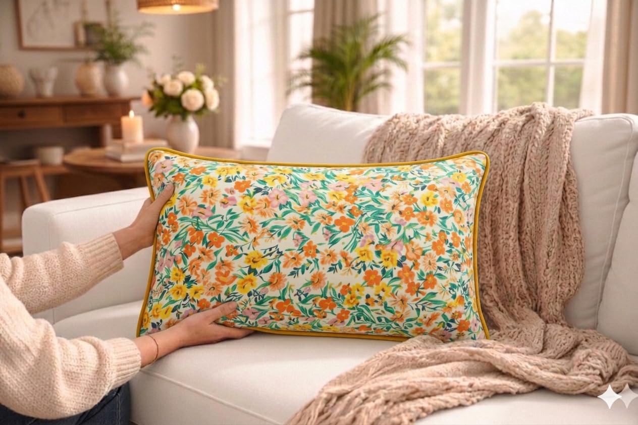 WWW.THROWPILLOW.IN Floral Cotton Cushion Cover with Yellow Piping Border Multicolor Botanical Print Decorative for Sofa Living Room Bedroom Rectangular Cushion 14x20 Inches-picture-28