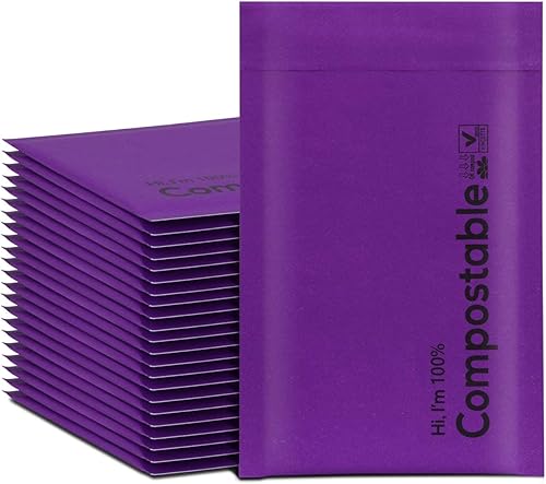 Sobres de burbujas 100 % biodegradables de 4 x 8, 25 sobres de papel kraft morado #000 compostables, bolsas autoadhesivas ecológicas