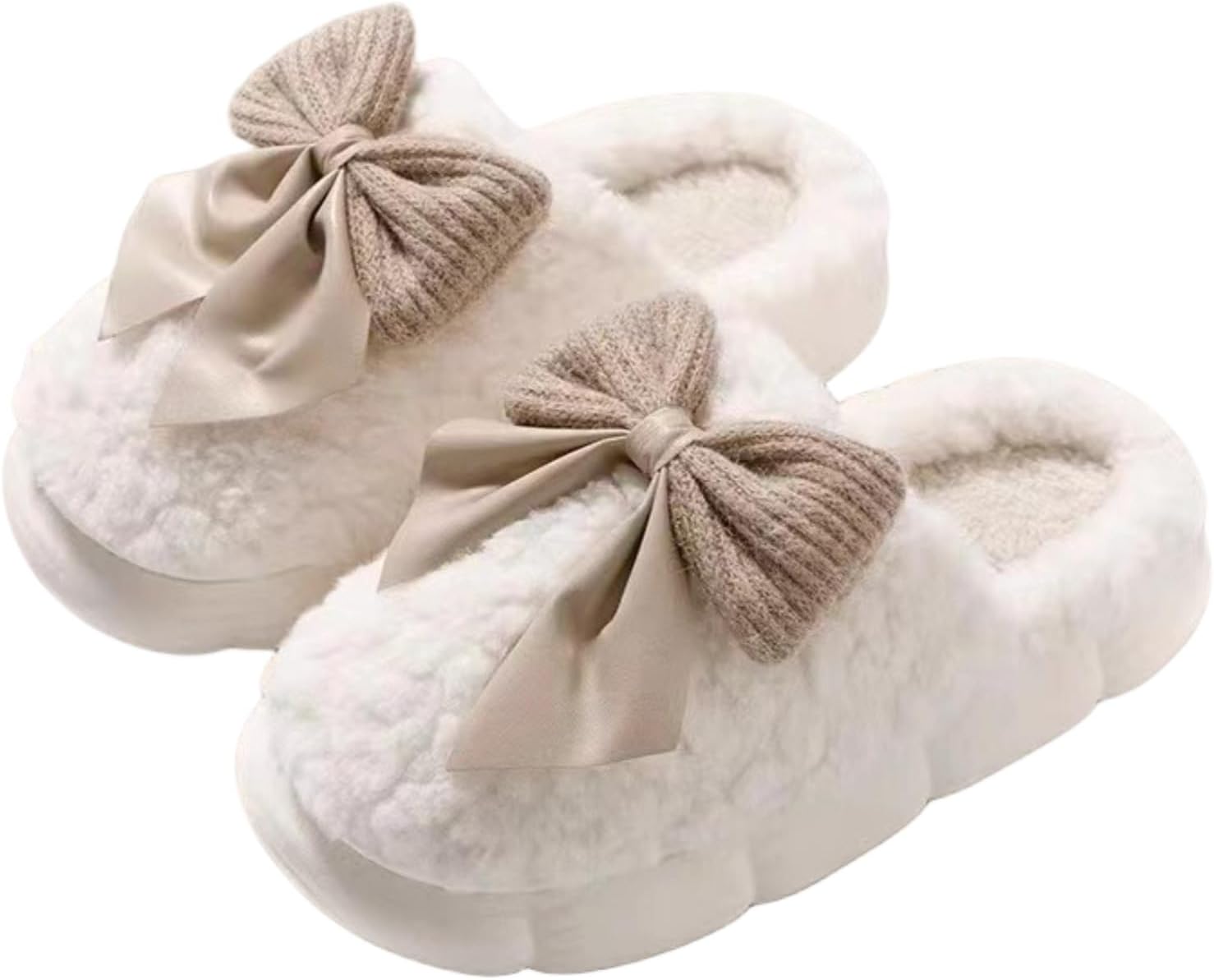 Plush Cute Bow Slippers for Women – Furry Comfy Indoor Outdoor Non-Slip House Slippers