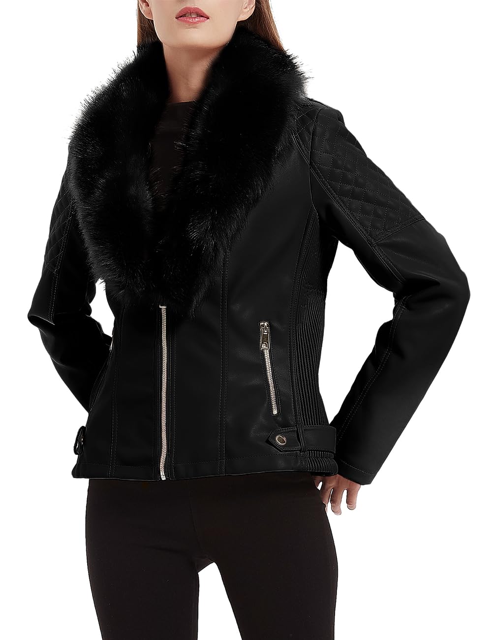 Giolshon Chaqueta de Cuero de Gamuza Sintética para Mujer, Abrigo Cálido de Motorista de Motocicleta de Invierno con Cuello de piel